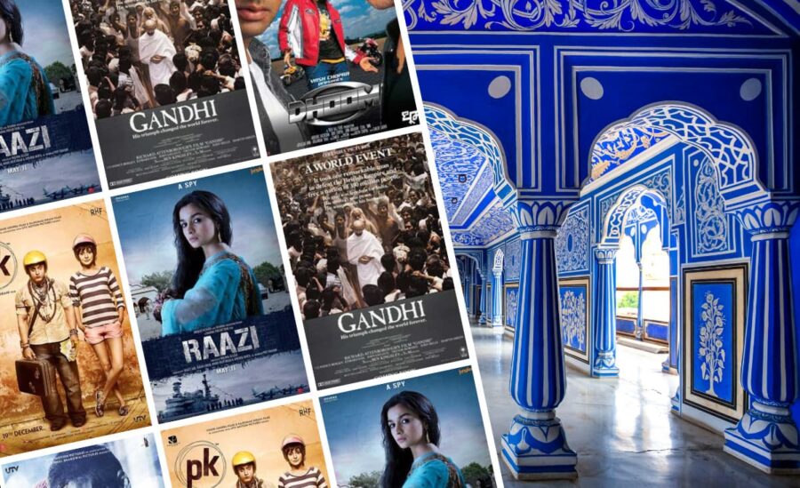 Image of Blue Hall at Jaipur City place with best movies about India posters like Raazi, Gandi, PK, and Dhoom