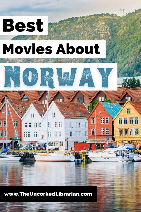 Best Norwegian Movies Pinterest Pin with colorful historic homes in Bergen Norway