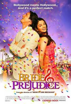 Bride and Prejudice (2004) Indian movie poster with man and woman standing back to back with confetti falling