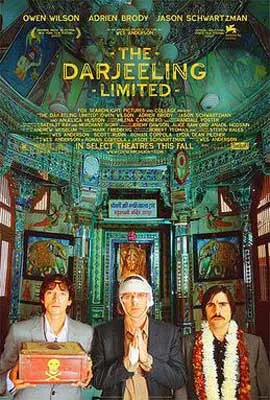 The Darjeeling Limited (2007) movie poster with three brothers, one holding box with skull and bones, one wearing bandages, and one wearing flower necklace