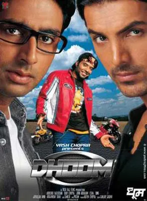 Dhoom (2004) movie poster with three people in jackets with motorbike