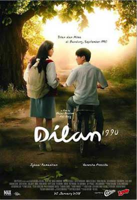 Dilan 1990 Movie Poster with image of person on bike holding a person walking with backpack's hand