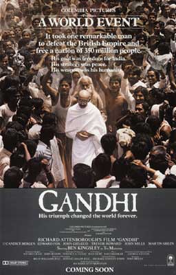 Gandhi (1982) film poster with image of Gandhi surrounded by crowds of people
