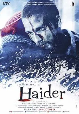 Haider (2014) movie poster with man hugging another person with red hat