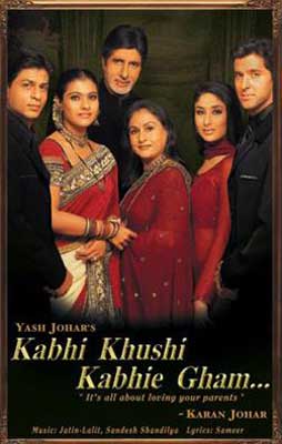 Kabhi Khushi Kabhie Gham (2001) movie poster with family of three men in black outfits and three women in red saris