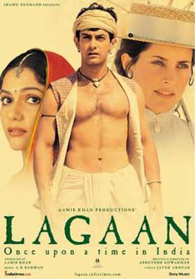 Lagaan (2001) Indian movie poster with white woman in white hat, a woman wearing a red scarf over her head and a man with an open shirt