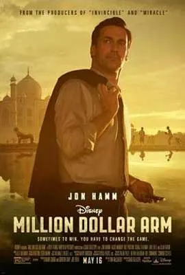 Million Dollar Arm (2014) Movie Poster with man holding clothing over shoulder and building and water behind him