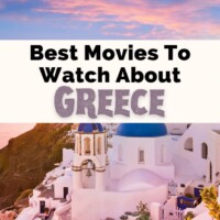 Movies About Greece Films Set In Greece with picture of Santorini at sunset with pink and blue sky and white and blue buildings
