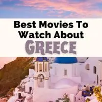 Movies About Greece Films Set In Greece with picture of Santorini at sunset with pink and blue sky and white and blue buildings