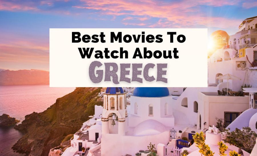 Movies About Greece and Films Set In Greece with a picture of Santorini at sunset with pink and blue sky and white and blue buildings