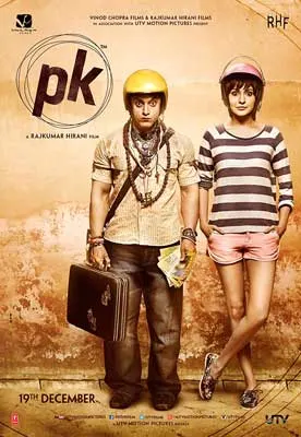 PK (2014) movie poster with man and woman wearing yellow and pink hats respectively and man is caring a small hand suitcase
