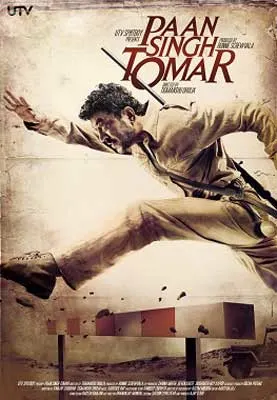 Paan Singh Tomar (2012) Indian movie poster with man charging forward with weapon on back