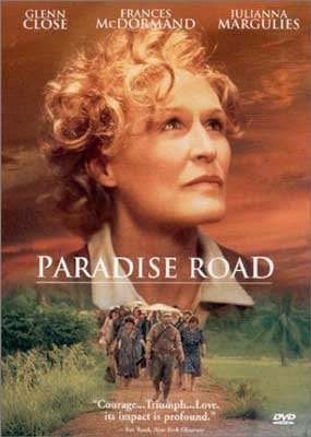 Paradise Road (1997) movie poster with white blonde woman with short curly hair's face and people walking down dirt path