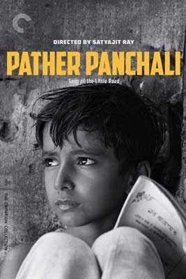 Pather Panchali (1955) movie poster with young boy looking out in black and white photo