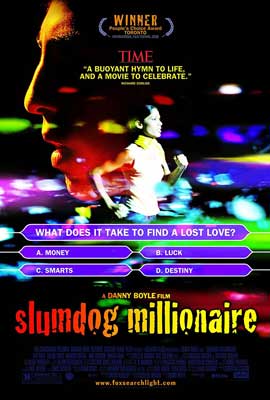 Slumdog Millionaire (2008) movie poster with woman running and man's face