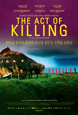 The Act of Killing Movie Poster with image shelter in the shape of a fish with mouth open and people walking into it