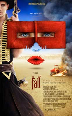 The Fall Movie Poster with image of blue eyes looking through red view finder like mask and floating lips