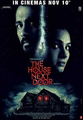 The House Next Door (2017) Movie poster with man and woman's face above a creepy dark house with lights on