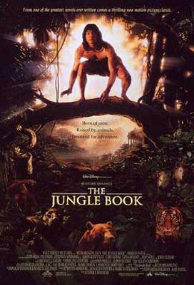 The Jungle Book (1994) Film poster with man standing on a branch in the middle of the jungle crouching down