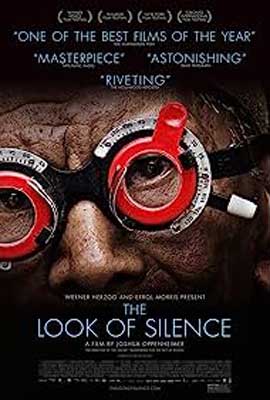 The Look of Silence (2014) movie cover with man wearing red and black googles over eyes