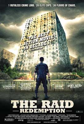 The Raid Redemption Movie Poster with person staring up at large skyscraper building