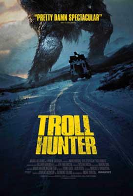 Trollhunter Movie poster with car driving toward monster legs on road