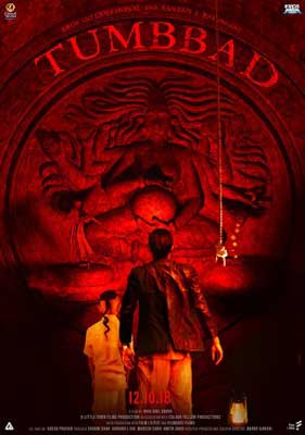 Tumbbad (2018) India Movie Poster with person walking toward red glow