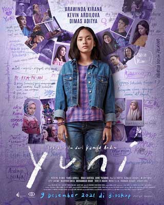 Yuni Movie Poster with image of young person in jeans, jean jacket, and purple top on wall with purple wings with images of people in it