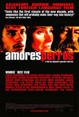 Amores Perros (2000) Movie poster with two men and one female's face