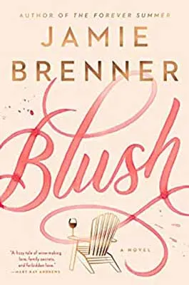 Blush by Jamie Brenner with illustrated chair with red wine glass on pink background