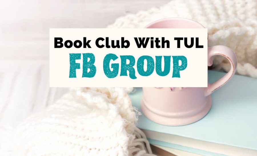Book Club With TUL Facebook Group with pink mug, white blanket, and light blue book