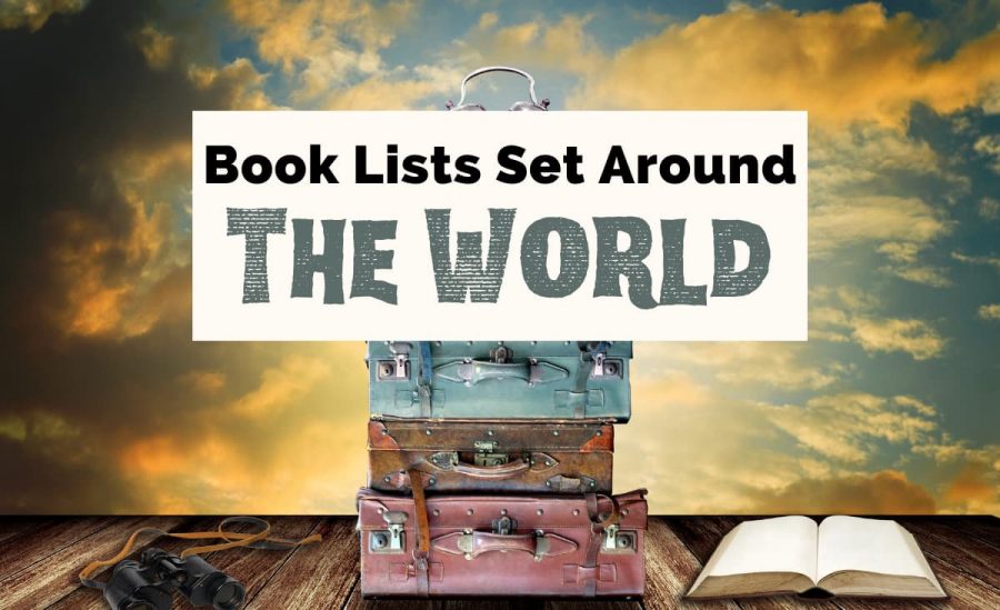 Books Around The World with stack of suitcases and open book
