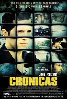 Crónicas Movie Poster with male with dark hair in front of microphone