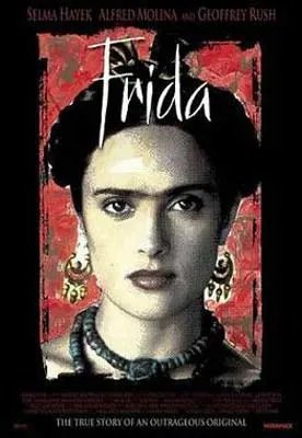 Frida movie poster with portrait of actress as Frida with hair in braids, earrings, and a beaded necklace