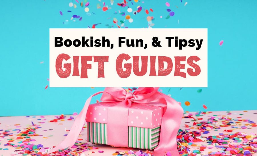 Gift Guides and Gift Ideas with turquoise background and present with pink bow and colorful confetti falling over it