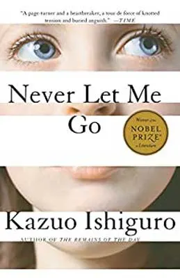 Never Let Me Go by Kazuo Ishiguro book cover with young white face and gray eyes