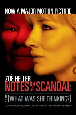 Notes On A Scandal by Zoe Heller book cover with movie image of two women one with red light on face and the other in yellow or sepia lighting
