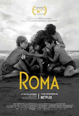 Roma Movie Poster with family on beach all on ground hugging in black and white photo