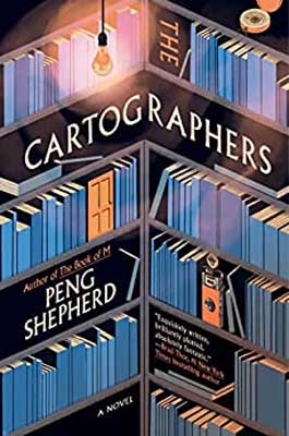 The Cartographers by Peng Shepherd book cover with rows of blue books on shelves with hidden orange door