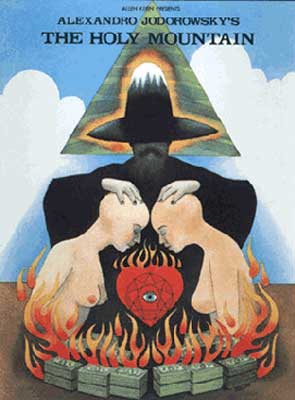 The Holy Mountain Movie Poster with illustrated two bodies touching heads over fire with black shadow figure in hat pushing their heads together
