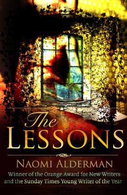 The Lessons by Naomi Alderman book cover with desk with flowers overlooking window