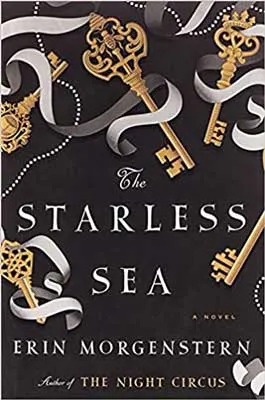 The Starless Sea by Erin Morgenstern book cover with black background and golden keys wrapped in white ribbons