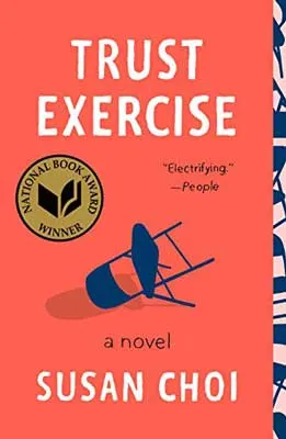 Trust Exercise by Susan Choi book cover with orange background and folding chair knocked over