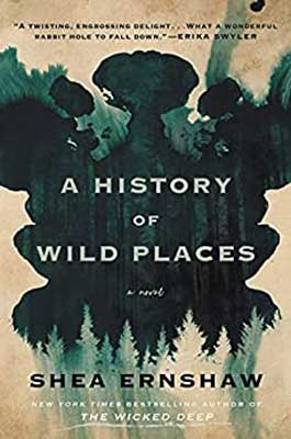 A History Of Wild Places by Shea Ernshaw book cover with ink looking image of green and beige trees