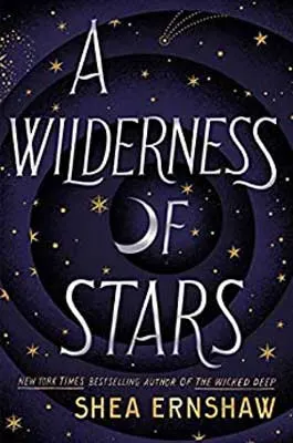 A Wilderness of Stars by Shea Ernshaw book cover with purple and black swirling sky with yellow stars