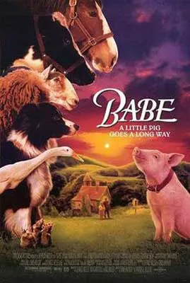 Babe Movie Poster with pig looking at group of farm animals like a duck and horse
