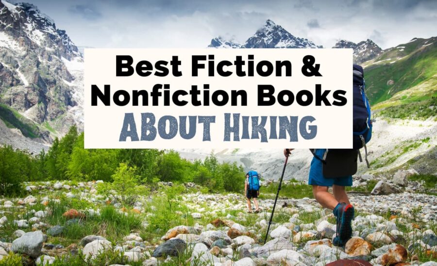 Best Books About Hiking and Backpacking Books with picture of Georgia mountains and two people hiking with poles on rocks and grass