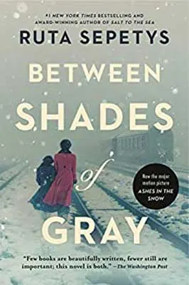 Between Shades of Gray by Ruta Sepetys book cover with mother and child on train tracks in snow