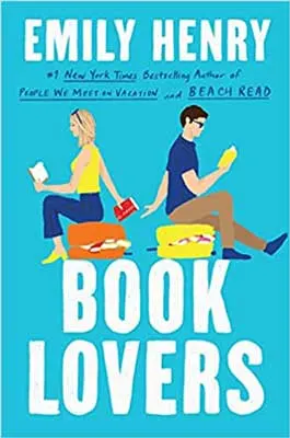 Book Lovers by Emily Henry book cover with illustrated two people sitting on suitcases back to back