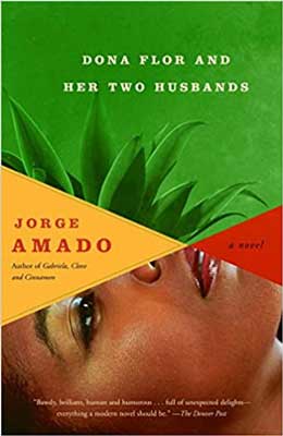 Dona Flor and Her Two Husbands by Jorge Amado book cover with Black woman's face lying down and looking up with green plant